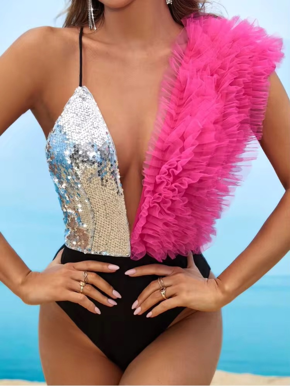 Pink Ruffle & Sequin bodysuit